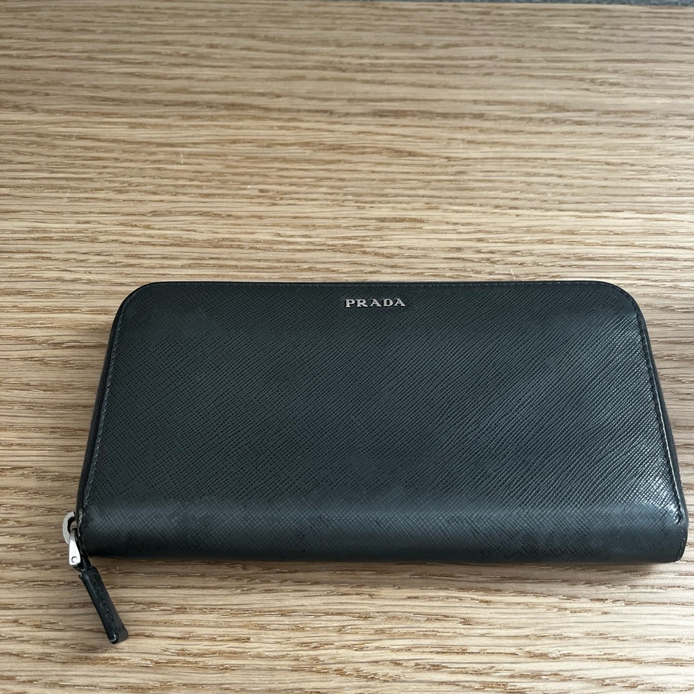 Prada Dark Gray Zip Leather Wallet